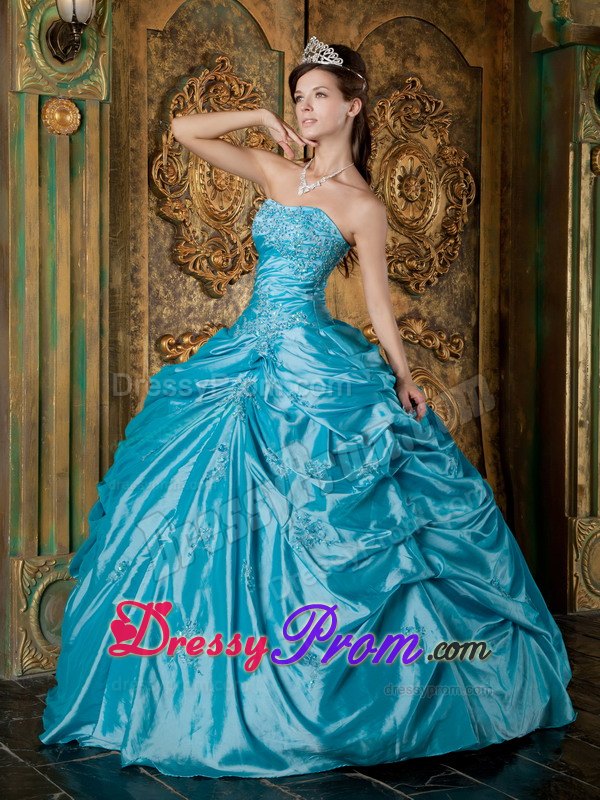 Blue Ball Gown Strapless Floor-length Quinceanera Dress with Appliques