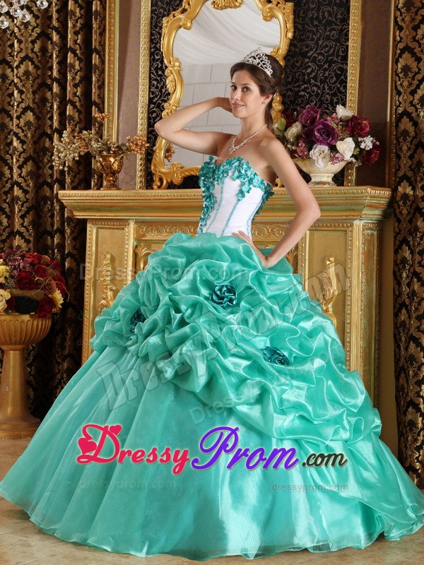 Turquoise Sweetheart Ball Gown Quinceanera Dress with Hand Made flower