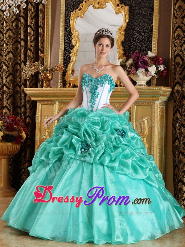 Turquoise Sweetheart Ball Gown Quinceanera Dress with Hand Made flower