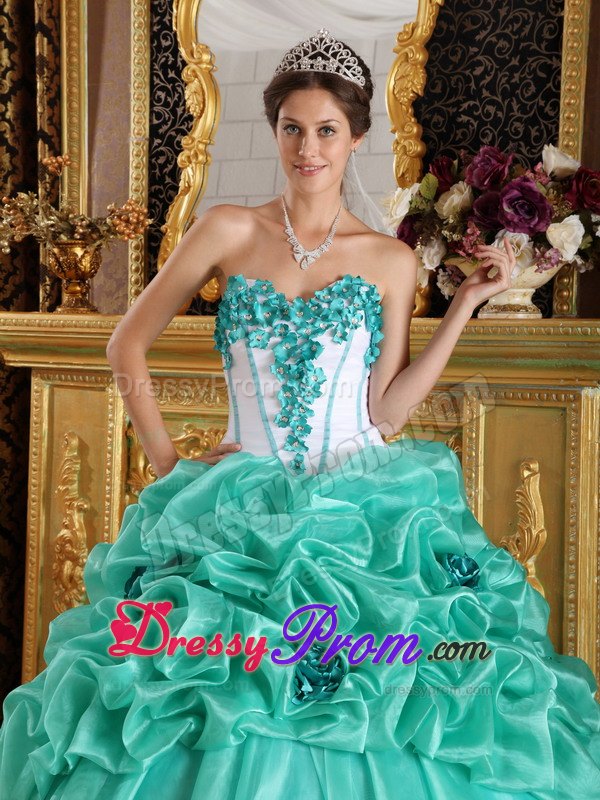 Turquoise Sweetheart Ball Gown Quinceanera Dress with Hand Made flower