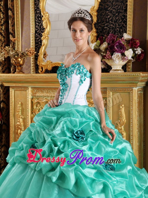 Turquoise Sweetheart Ball Gown Quinceanera Dress with Hand Made flower