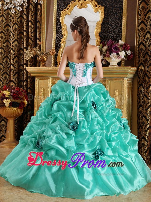 Turquoise Sweetheart Ball Gown Quinceanera Dress with Hand Made flower