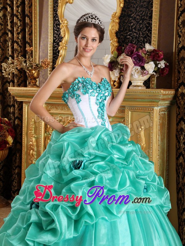Turquoise Sweetheart Ball Gown Quinceanera Dress with Hand Made flower