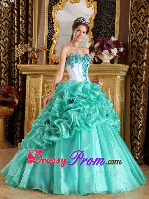 Turquoise Sweetheart Ball Gown Quinceanera Dress with Hand Made flower