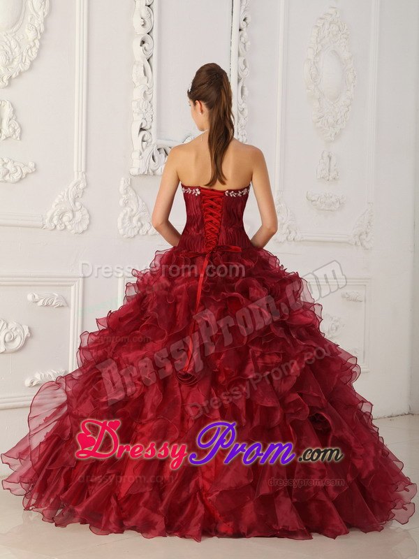 Embroidery Ruffled Wine Red Sweet Sixteen Quinceanera Dresses