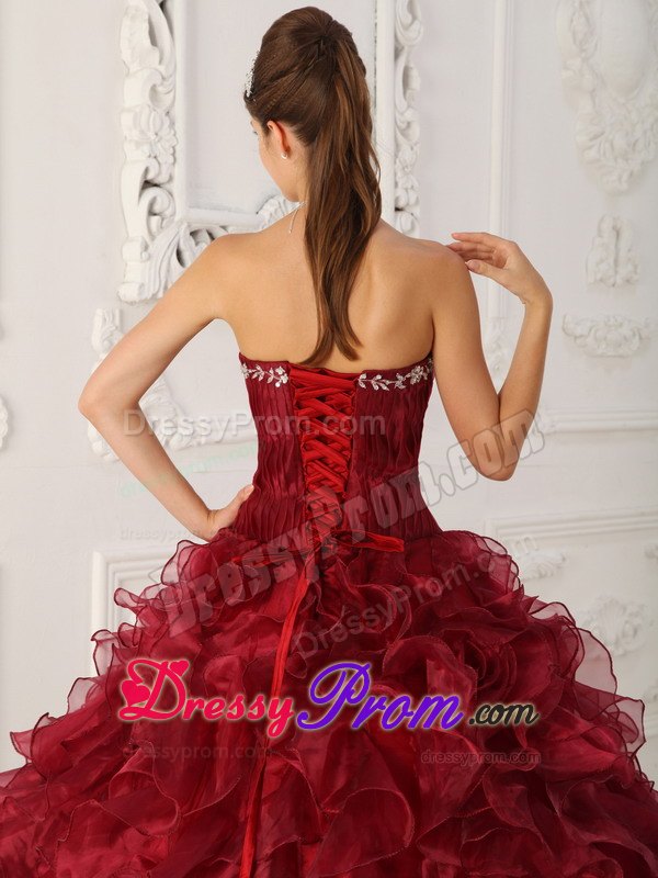 Embroidery Ruffled Wine Red Sweet Sixteen Quinceanera Dresses