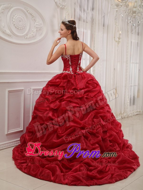 Spaghetti Straps Beading Wine Red Court Train Quinceanera Dress
