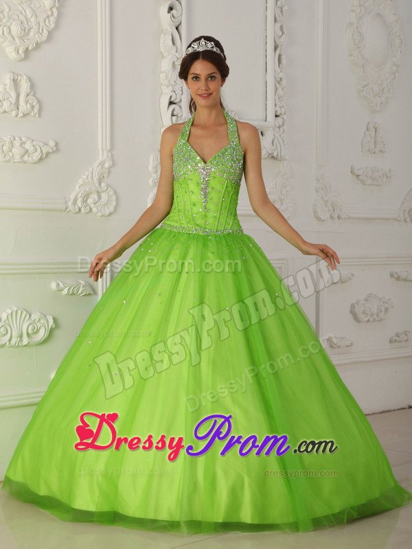 Beading Halter Spring Green Layered Tulle Quinceanera Dresses