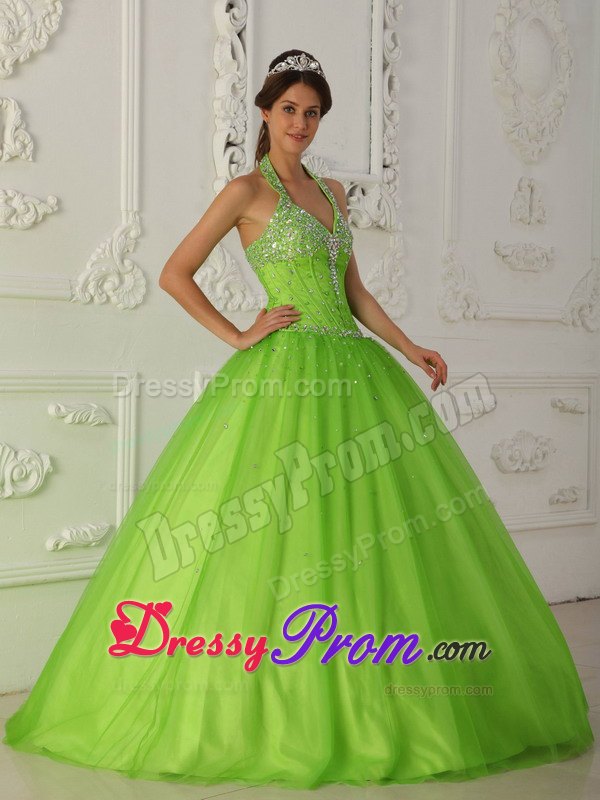 Beading Halter Spring Green Layered Tulle Quinceanera Dresses