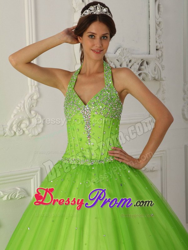 Beading Halter Spring Green Layered Tulle Quinceanera Dresses