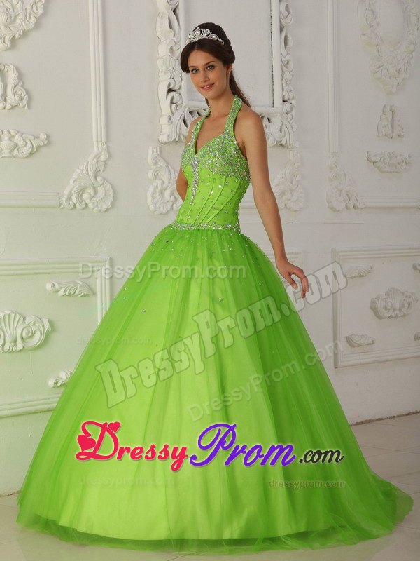 Beading Halter Spring Green Layered Tulle Quinceanera Dresses