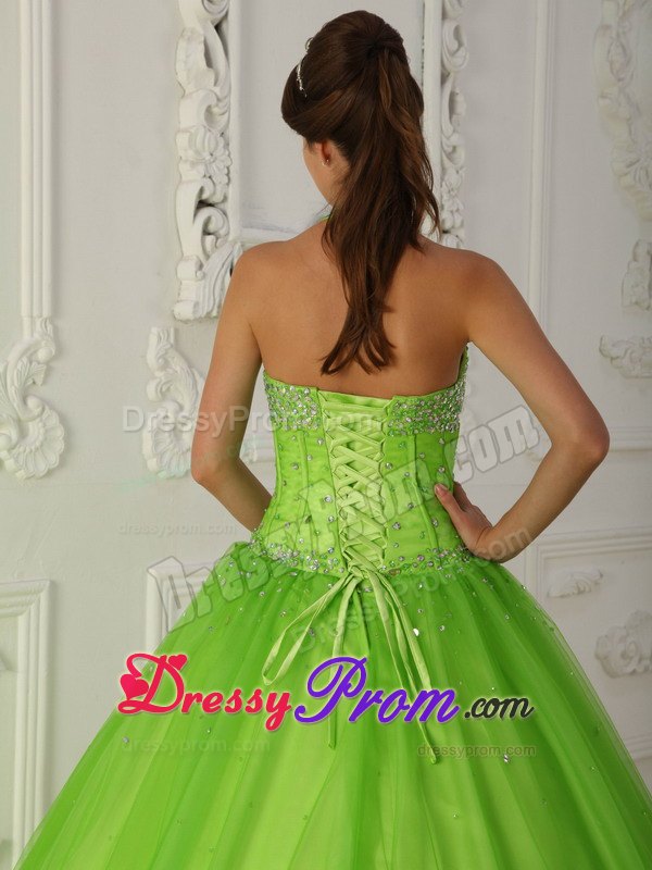 Beading Halter Spring Green Layered Tulle Quinceanera Dresses