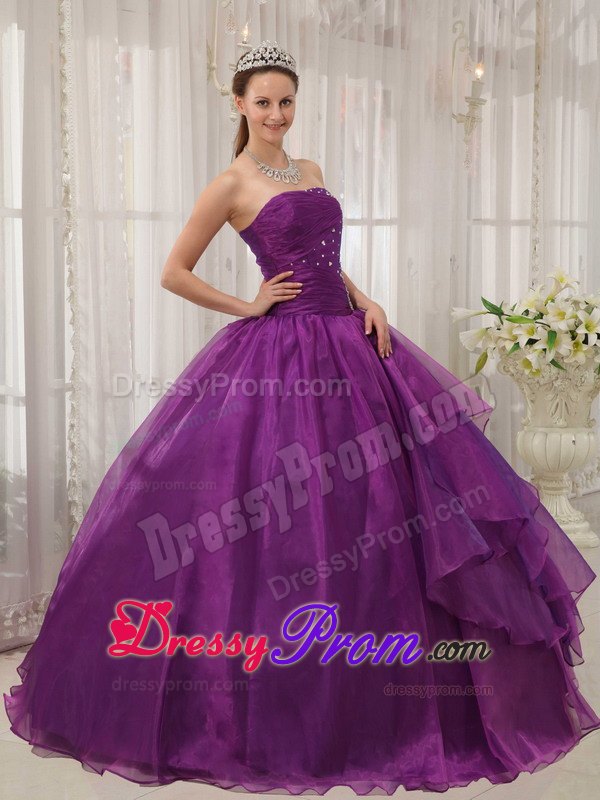 Purple Organza Beading Strapless Sweet 16 Quinceanera Dresses