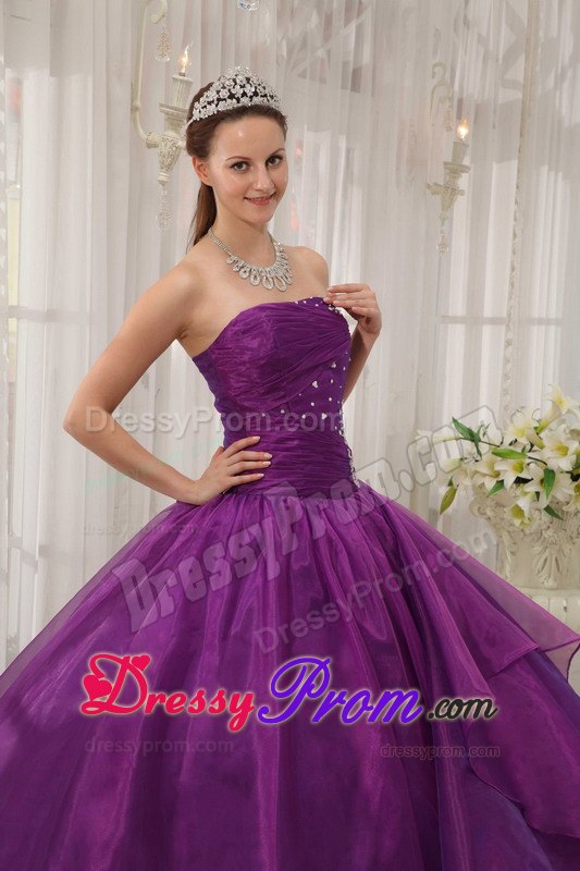 Purple Organza Beading Strapless Sweet 16 Quinceanera Dresses