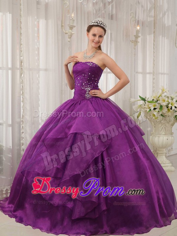 Purple Organza Beading Strapless Sweet 16 Quinceanera Dresses