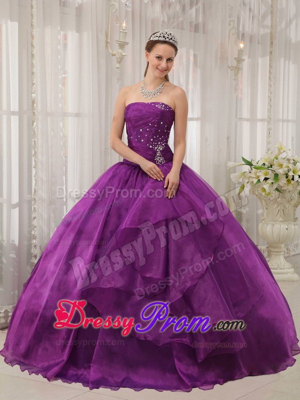 Purple Organza Beading Strapless Sweet 16 Quinceanera Dresses