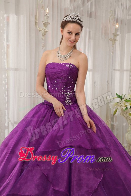 Purple Organza Beading Strapless Sweet 16 Quinceanera Dresses
