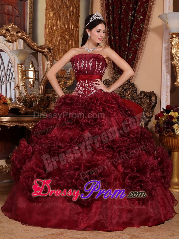 Rolling Flowers Burgundy Organza Appliques Quinceanera Dress