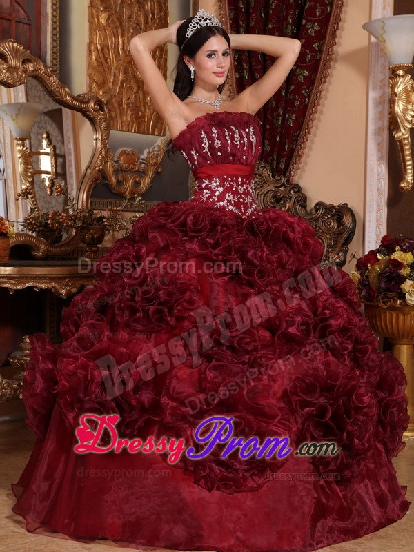 Rolling Flowers Burgundy Organza Appliques Quinceanera Dress