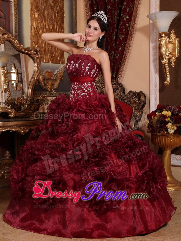 Rolling Flowers Burgundy Organza Appliques Quinceanera Dress