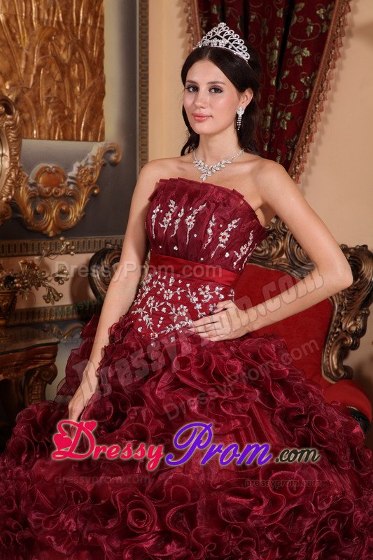 Rolling Flowers Burgundy Organza Appliques Quinceanera Dress