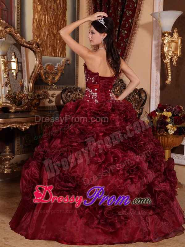 Rolling Flowers Burgundy Organza Appliques Quinceanera Dress