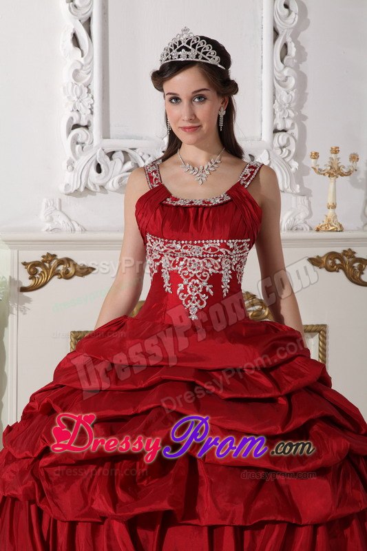 Scoop Wine Red Taffeta Beading Quinceanera Dress with Pick-ups