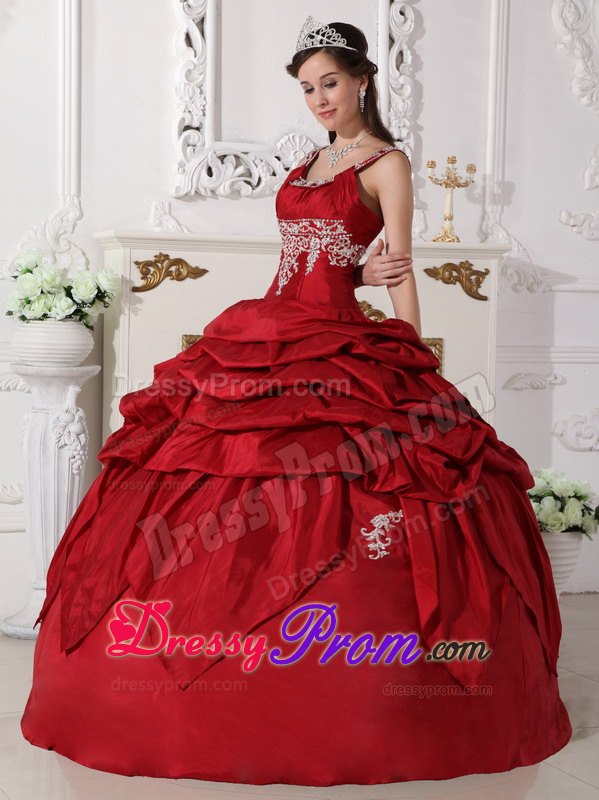 Scoop Wine Red Taffeta Beading Quinceanera Dress with Pick-ups