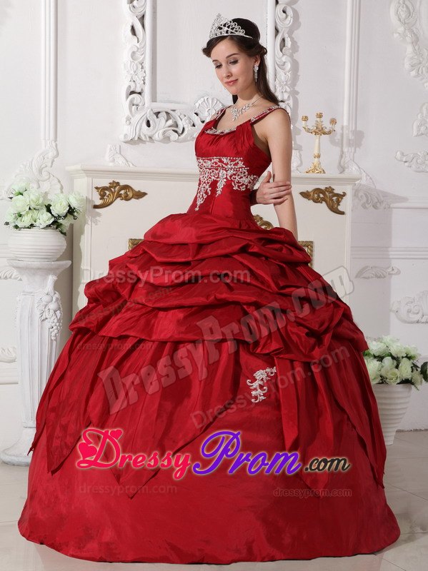 Scoop Wine Red Taffeta Beading Quinceanera Dress with Pick-ups