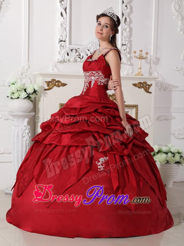 Scoop Wine Red Taffeta Beading Quinceanera Dress with Pick-ups