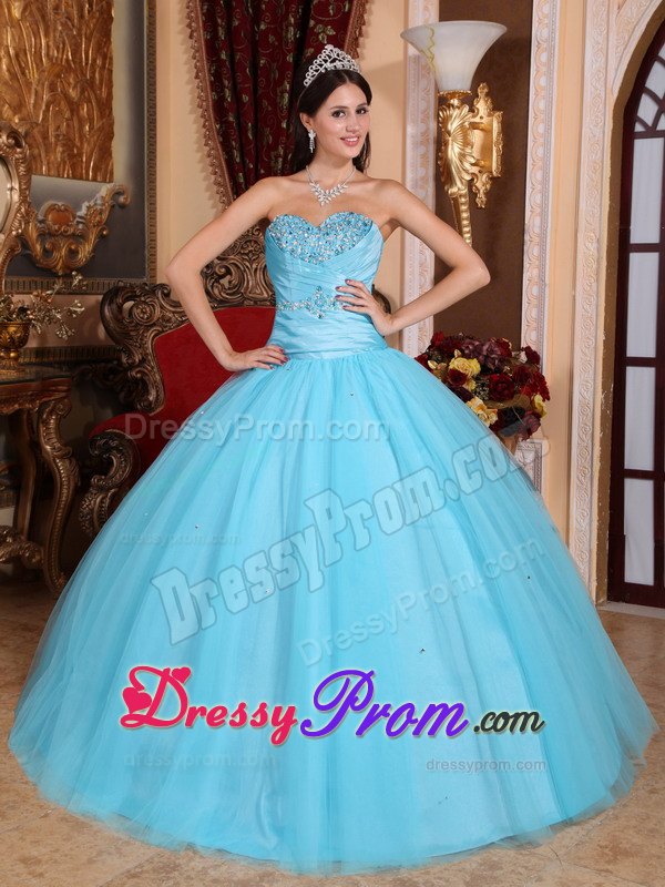 Baby Blue Ball Gown Sweetheart Beading Ruched Quinceanera Dress