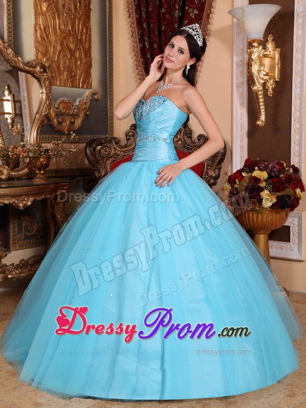 Baby Blue Ball Gown Sweetheart Beading Ruched Quinceanera Dress