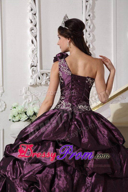 One Shoulder Appliques Dark Purple Pick-ups Quinceanera Dress
