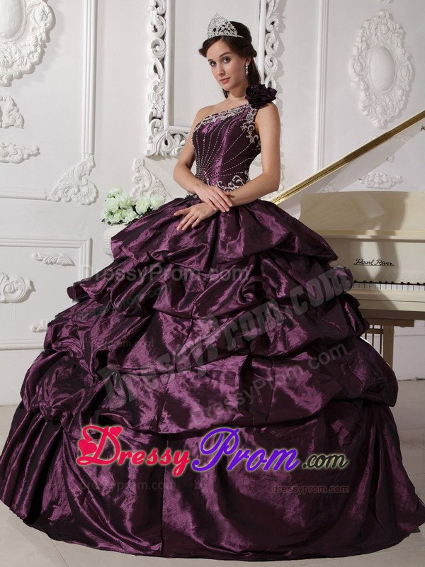 One Shoulder Appliques Dark Purple Pick-ups Quinceanera Dress