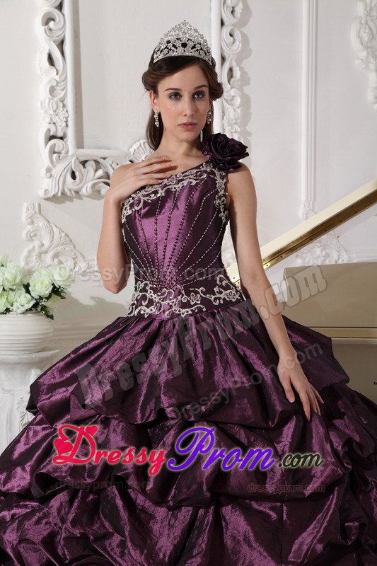 One Shoulder Appliques Dark Purple Pick-ups Quinceanera Dress