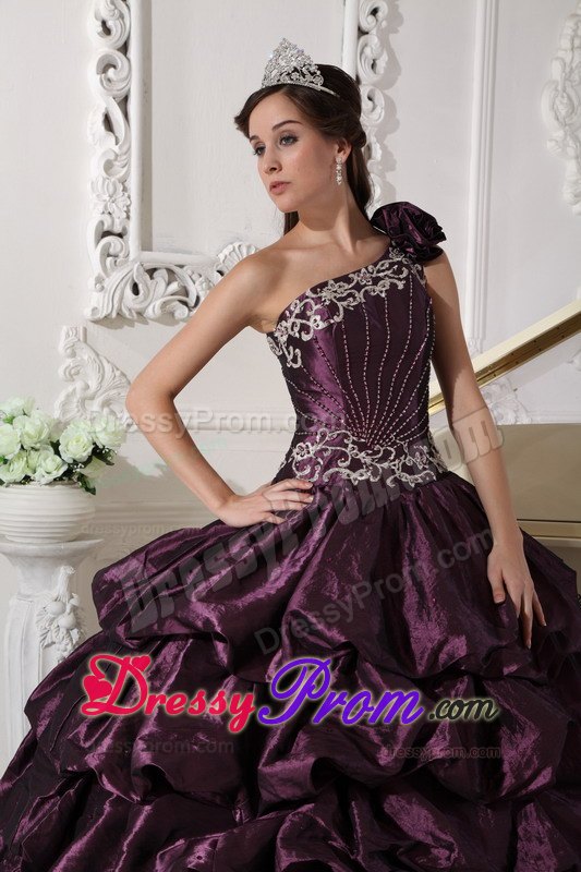 One Shoulder Appliques Dark Purple Pick-ups Quinceanera Dress