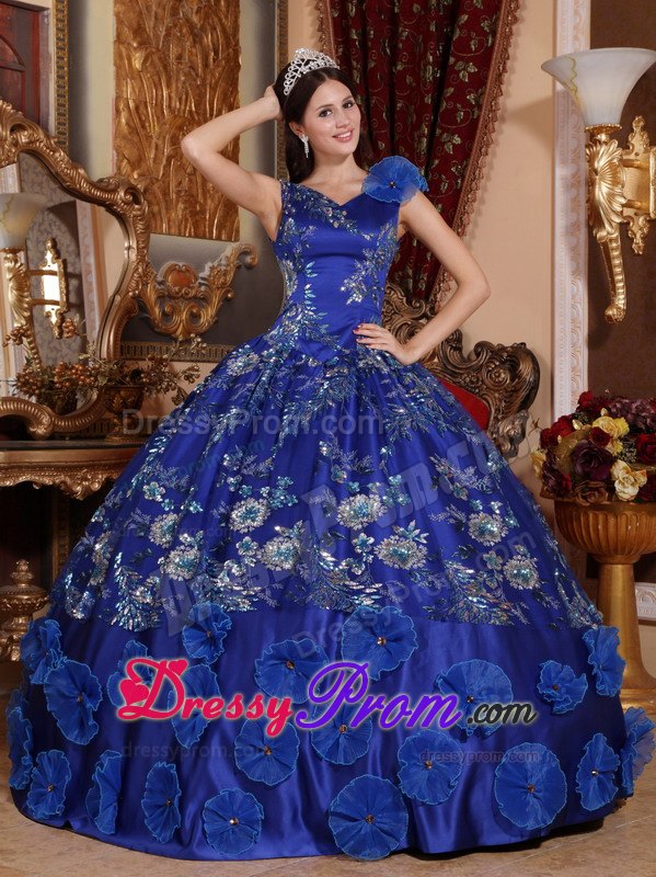 V-neck Blue Appliques Beading Satin Sweet Quinceanera Dress