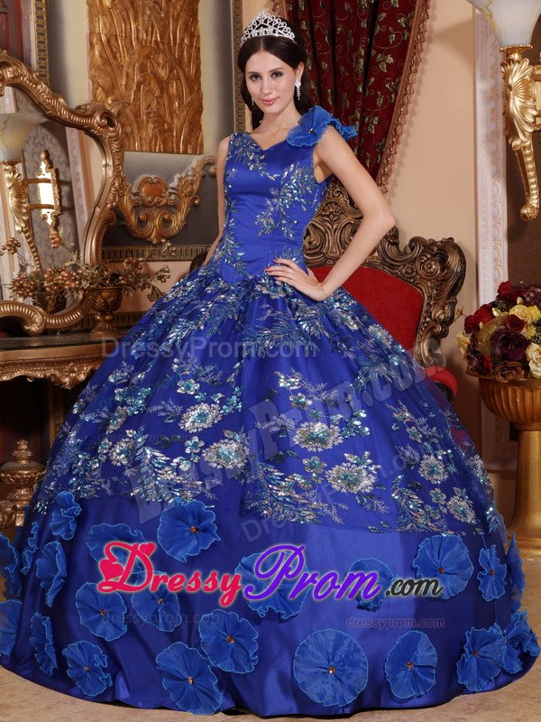 V-neck Blue Appliques Beading Satin Sweet Quinceanera Dress