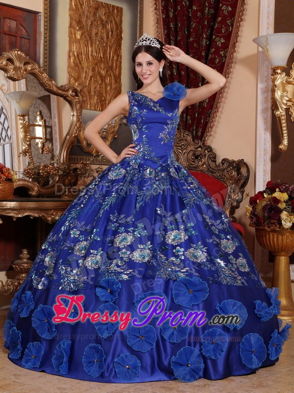 V-neck Blue Appliques Beading Satin Sweet Quinceanera Dress