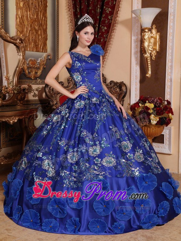 V-neck Blue Appliques Beading Satin Sweet Quinceanera Dress