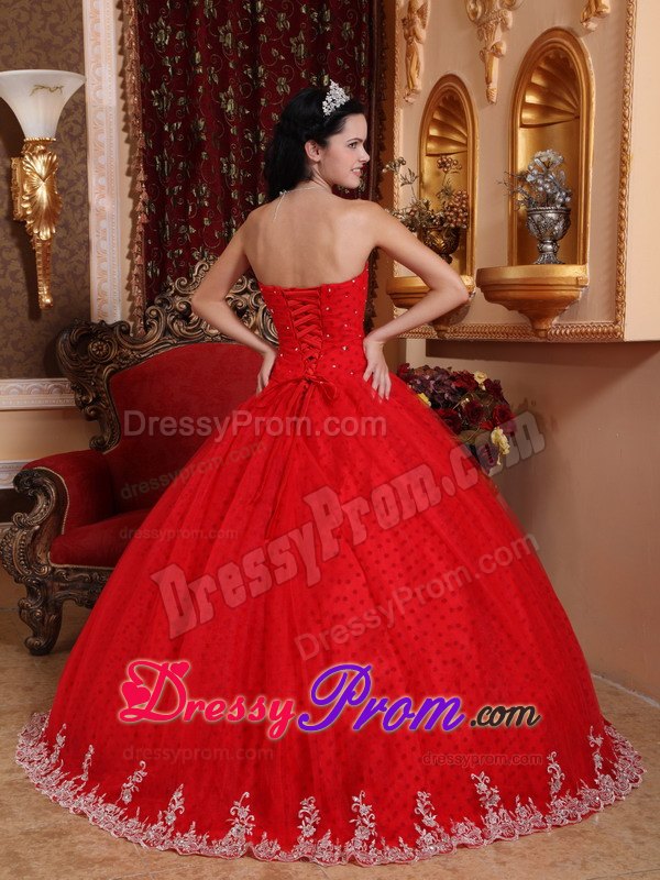 Red Lace Appliques Tulle Sweet Sixteen Quinceanera Dresses