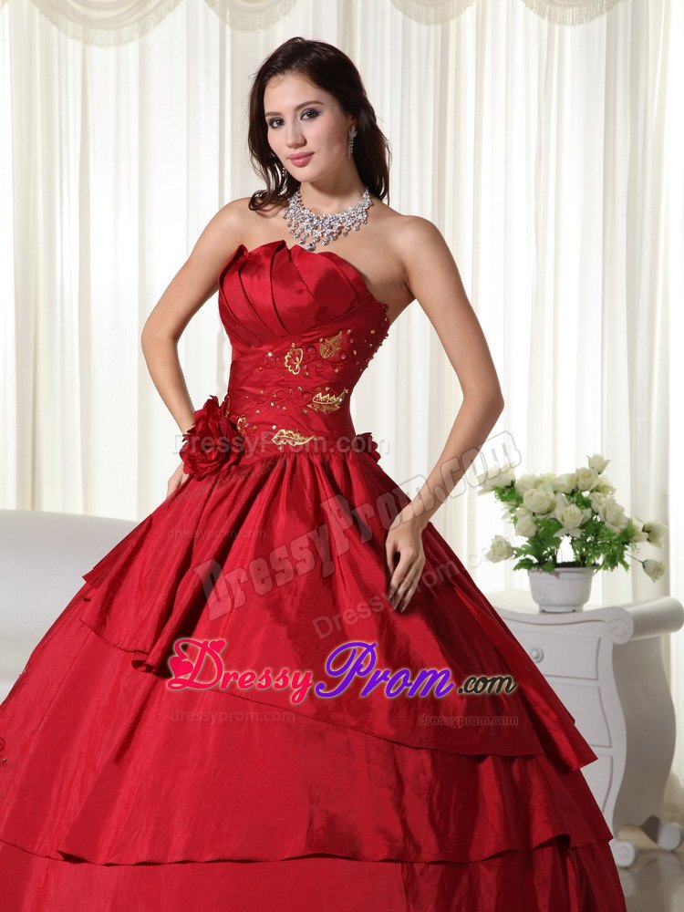 Wine Red Hand Flowers Strapless Taffeta Quinceanera Dresses