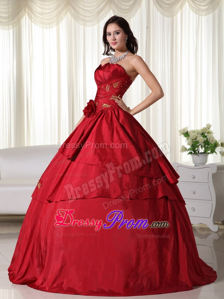 Wine Red Hand Flowers Strapless Taffeta Quinceanera Dresses