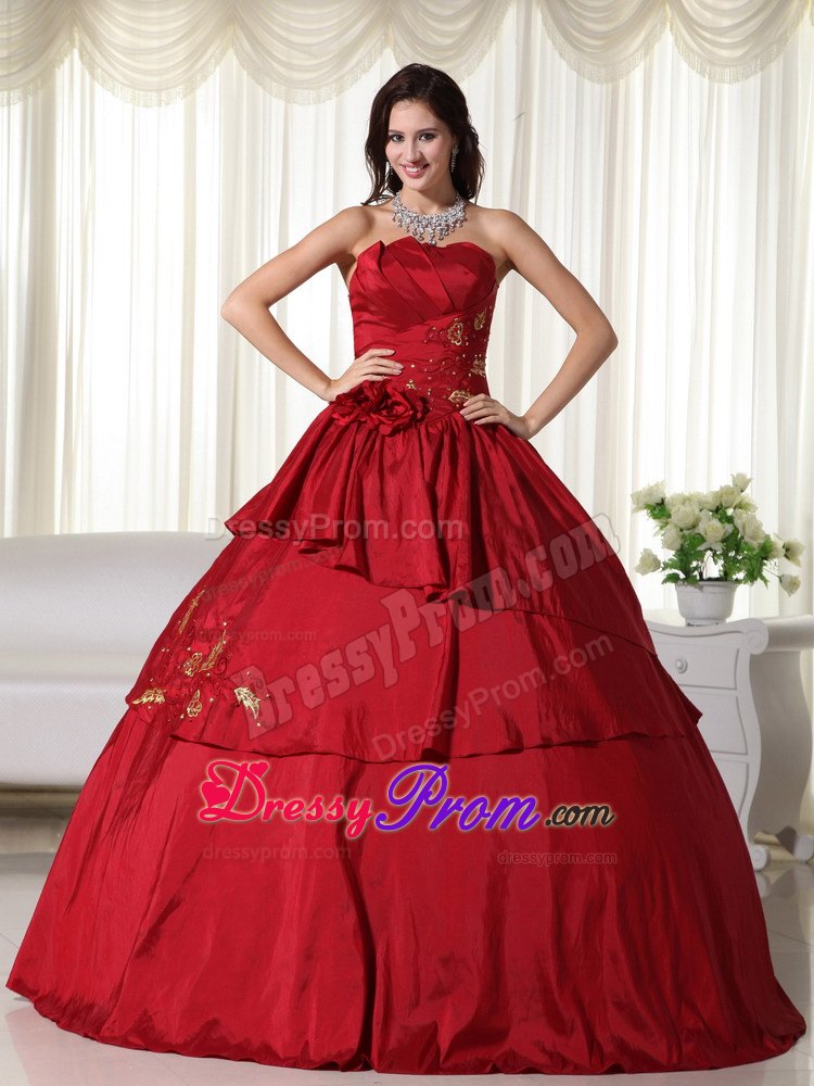 Wine Red Hand Flowers Strapless Taffeta Quinceanera Dresses
