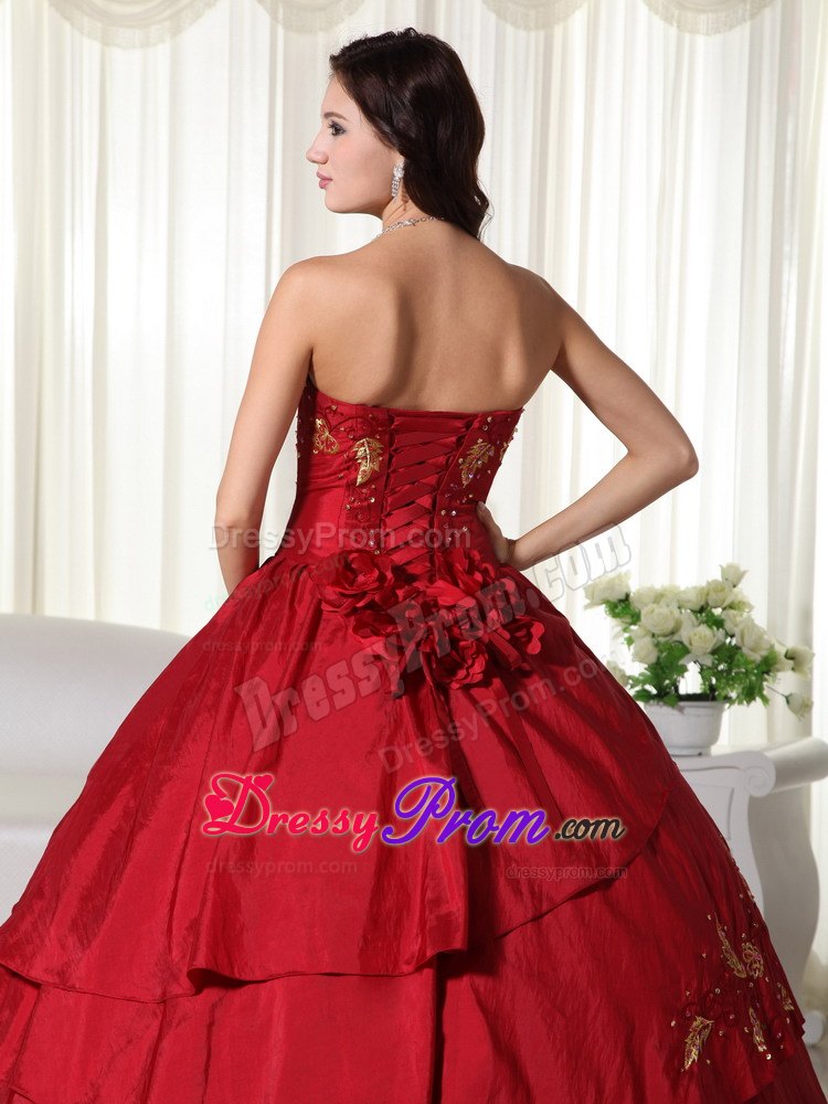 Wine Red Hand Flowers Strapless Taffeta Quinceanera Dresses