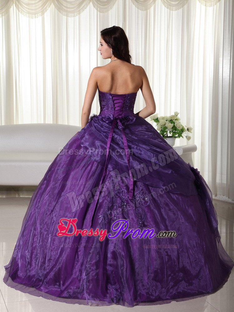 Purple Handle Flowers Beading Strapless Tulle Quinceanera Dress