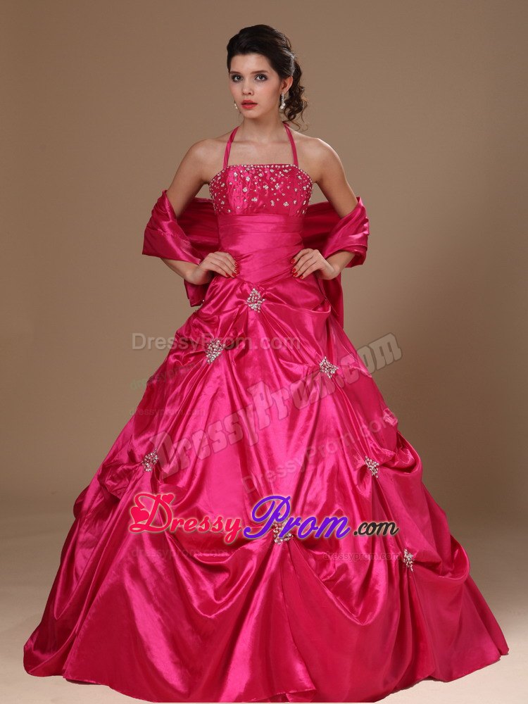 Beading Halter Hot Pink Taffeta Quinceanera Dress with Pick-ups