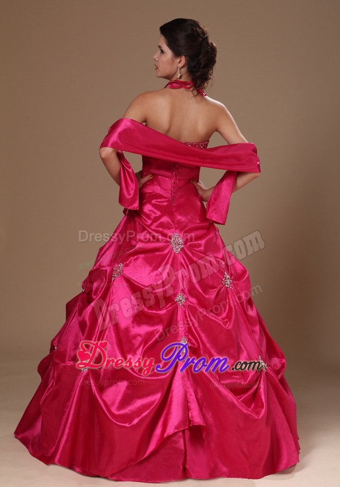 Beading Halter Hot Pink Taffeta Quinceanera Dress with Pick-ups