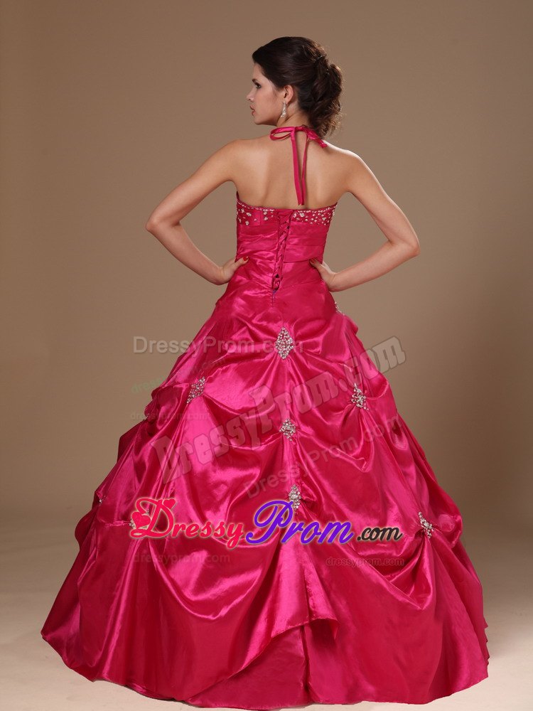 Beading Halter Hot Pink Taffeta Quinceanera Dress with Pick-ups