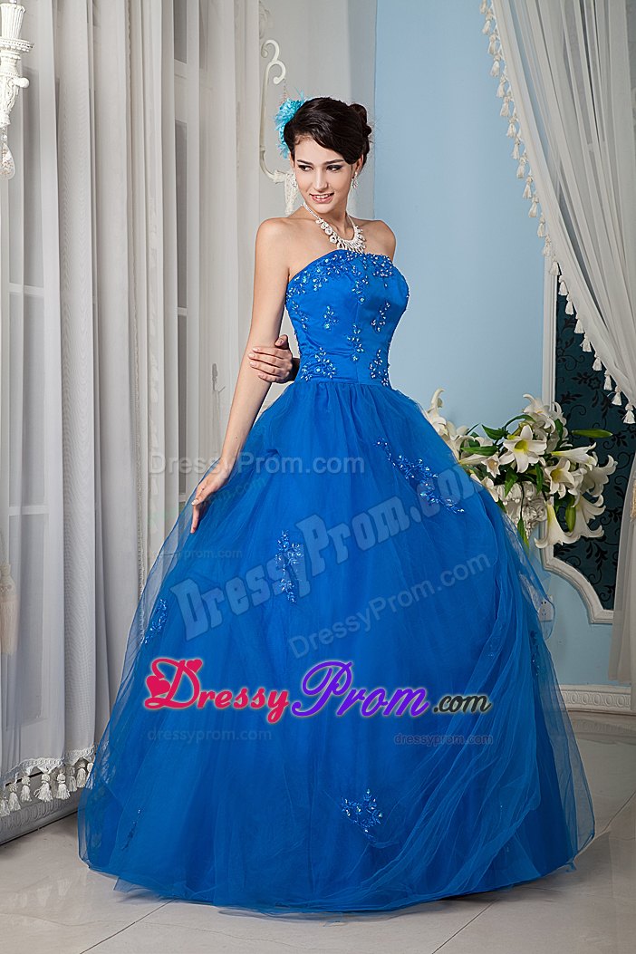 Royal Blue Tulle Beading Strapless Dresses For Quinceaneras